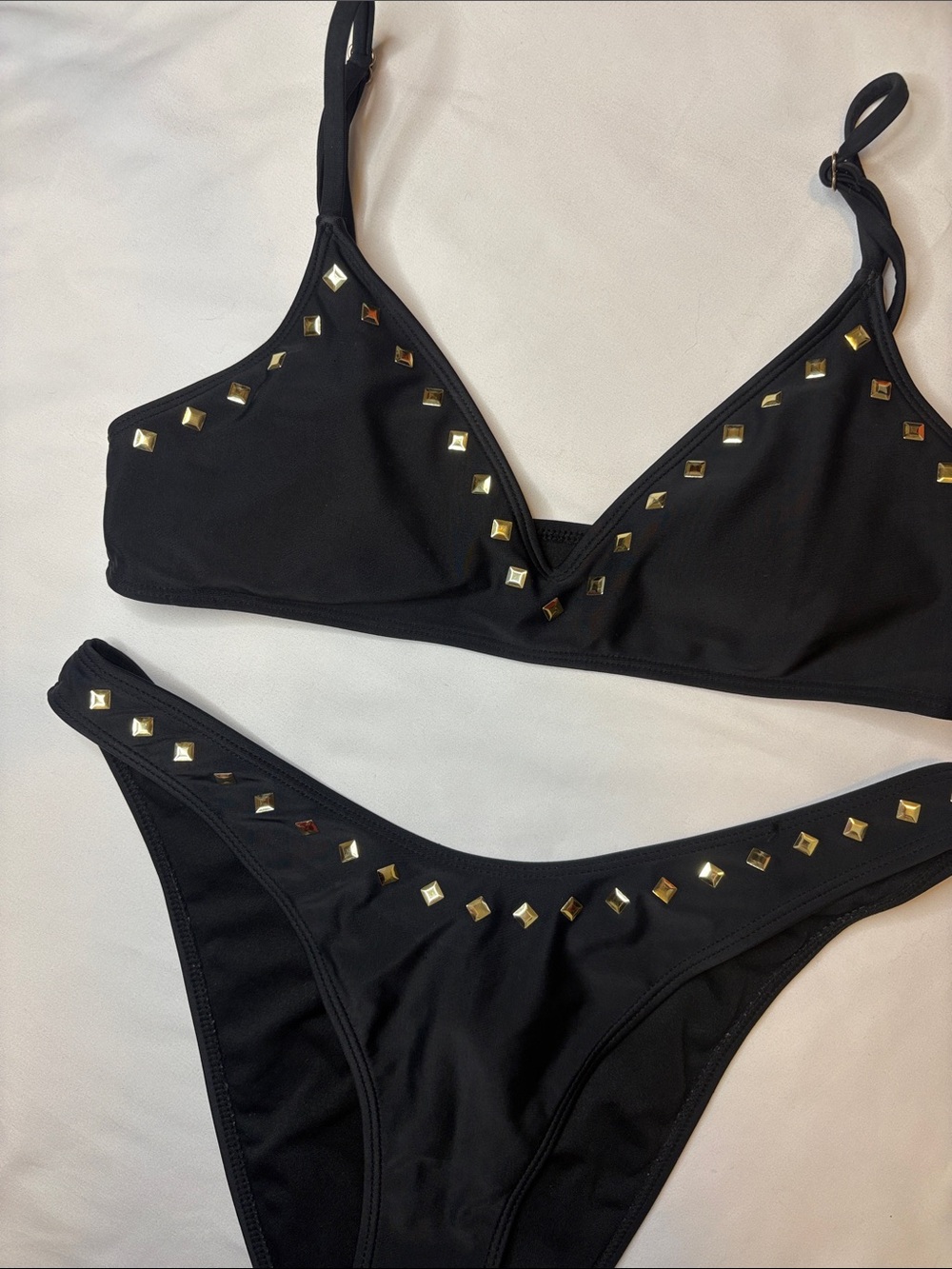 Black Studded Bikini Forever 21 Medium Gold Square Metallic Stud Bedazzled